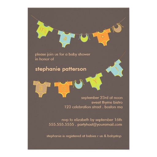 Sweet Baby Clothes LIne It's a Boy Baby Shower Custom Invites