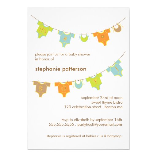 Sweet Baby Clothes LIne It's a Boy Baby Shower Personalized Invitation