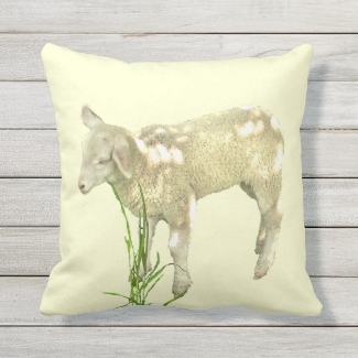 Sweet Baby Lamb on Yellow Outdoor Pillow