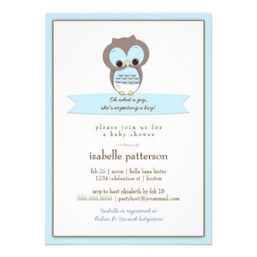 Sweet Baby Owl It's a Boy Baby Shower Invitation (front side)