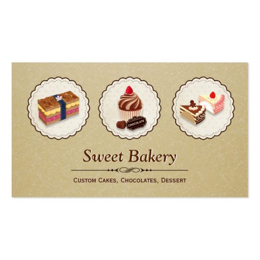 Sweet Bakery Store Custom Cakes Chocolates Dessert Business Card Templates (front side)