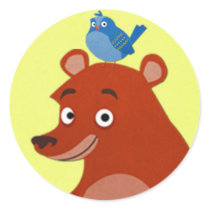 Sweet Bear with a Bird on his Head - Yellow Round Stickers