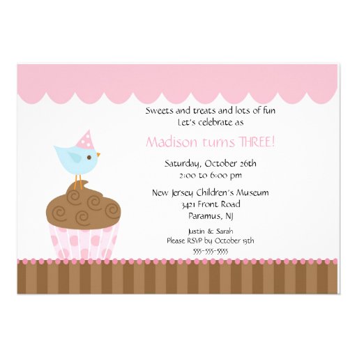 Sweet Bird on Cupcake Birthday Invitation