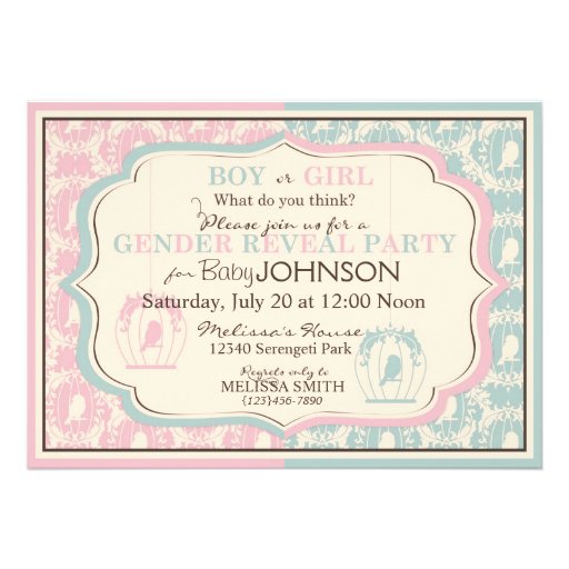 Sweet Birdcage Damask Print Gender Reveal Personalized Invitations
