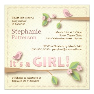 Sweet Birdie It's a Girl Baby Shower Invitation