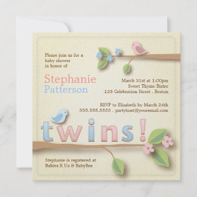 Sweet Birdie Twin Boy Girl Baby Shower Invitation