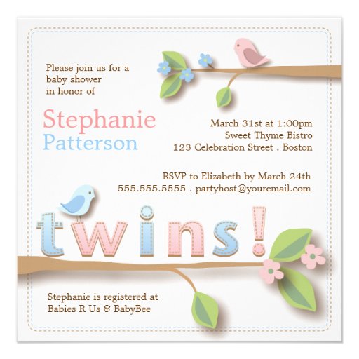 Sweet Birdie Twin Boy Girl Baby Shower Invitation