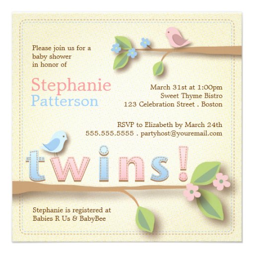 Sweet Birdie Twin Boy Girl Baby Shower Invitation from Zazzle.com
