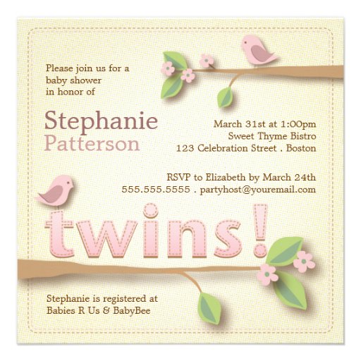 Sweet Birdie Twin Girls Baby Shower Invitation