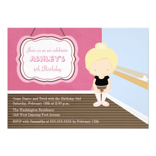 Sweet blonde ballet girl birthday party invitation (front side)