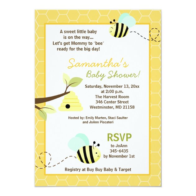 Sweet Bumble Bee Mommy to Bee Baby Shower Invite (front side)