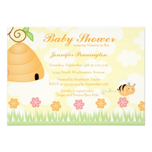 Sweet cartoon bumble bee baby shower invitation (front side)
