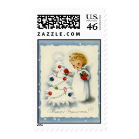 Sweet Christmas Angel decorating White Tree Postage by MagnoliaVintage