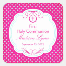 Sweet Cross In Frame First Holy Communion Pink Square Sticker