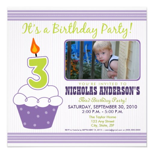 Sweet Cupcake 3rd Birthday Party Invitation Purple