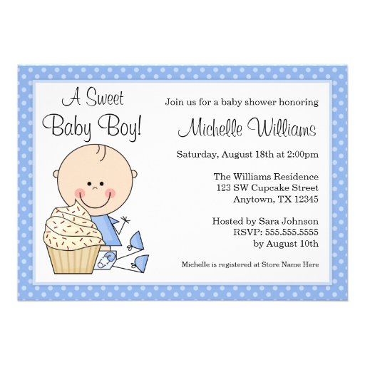 Sweet Cupcake Blue Polka Dot Boy Baby Shower Custom Invitation
