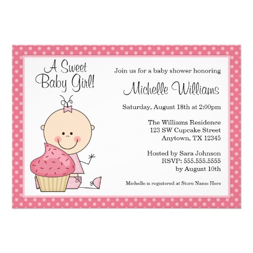 Sweet Cupcake Pink Polka Dot Girl Baby Shower Custom Announcements