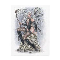 sweet, death, dead, fairy, fae, faeries, faery, gothic, goth, vampire, succubus, grim, reaper, pinup, sexy, woman, girl, lady, moon, skull, dark, fantasy, punk, emo, sketch, black, white, illustration, zerick, devil, queen, monster, delphine, levesque, demers, anime, manga, drawing, Postcard with custom graphic design