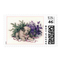 Sweet Dog with Violets Vintage Postage postage