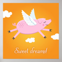 Sweet dreams cute flying cartoon pig kids poster