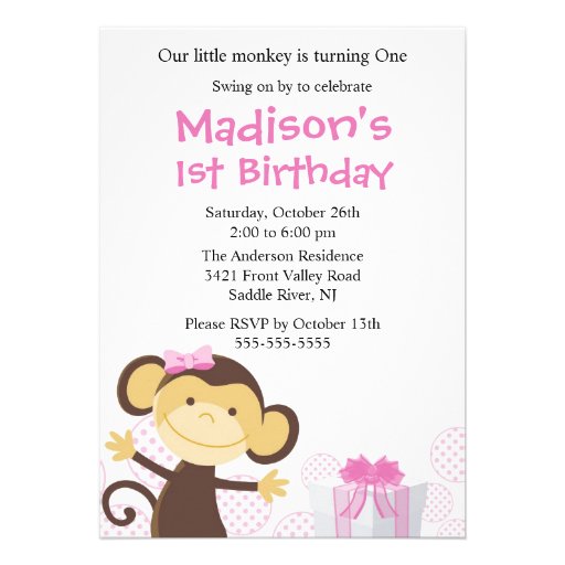 Sweet Girl Monkey Birthday Invitation