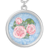 Sweet heart roses round pendant necklaces