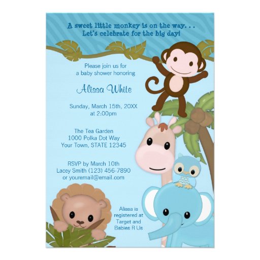 Sweet Jungle Babies Baby Shower Invitation blue (front side)