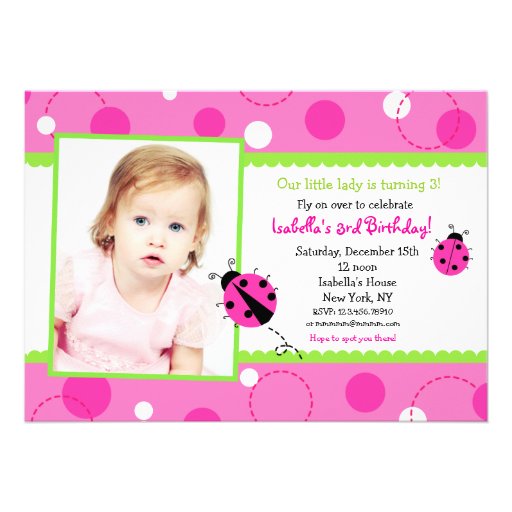Sweet Ladybug Pink Green Photo Birthday Invitation
