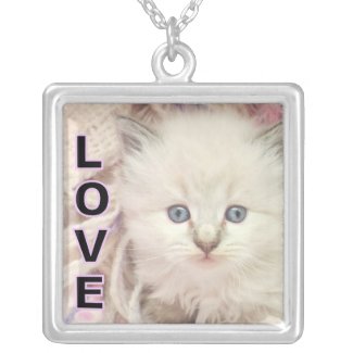 Sweet Little Blue Eyed Kitten Text LOVE Necklace