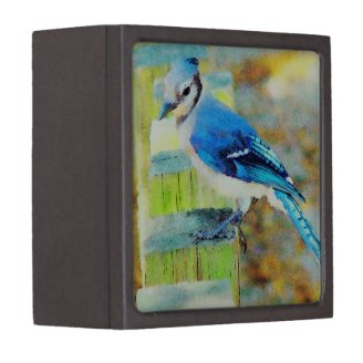Sweet Little Happy Bluebird on a Fence Post Premium Keepsake Boxes