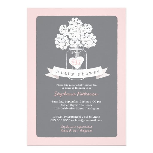Sweet Mason Jar Pink | Gray Baby Shower Invitation