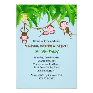 Sweet Monkeys Triplets Birthday Invitation