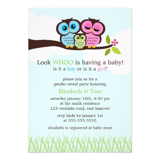 Sweet Owls Gender Reveal Party Personalized Invitations (front side)
