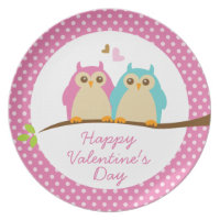 Sweet Owls in Love Pink Kids Happy Valentines Day Dinner Plate