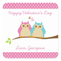 Sweet Owls in Love Pink Kids Happy Valentines Day Stickers