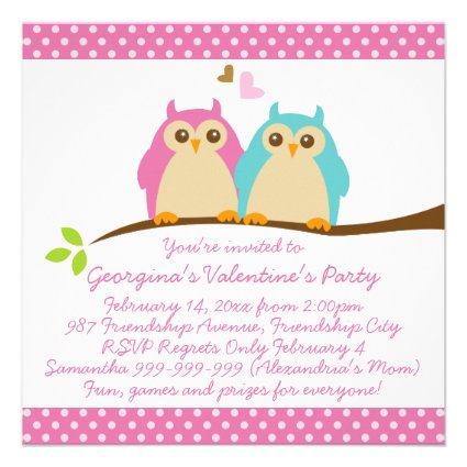 Sweet Owls in Love Pink Kids Valentines Party Invitations