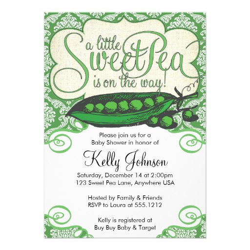 Sweet Pea Baby Shower Invitation (front side)