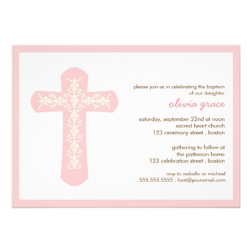 Sweet Pink Cross Baptism Christening Invitation