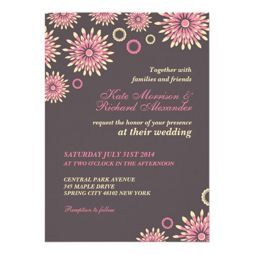 Sweet Pink Grey Floral Pattern Wedding Invitation (front side)