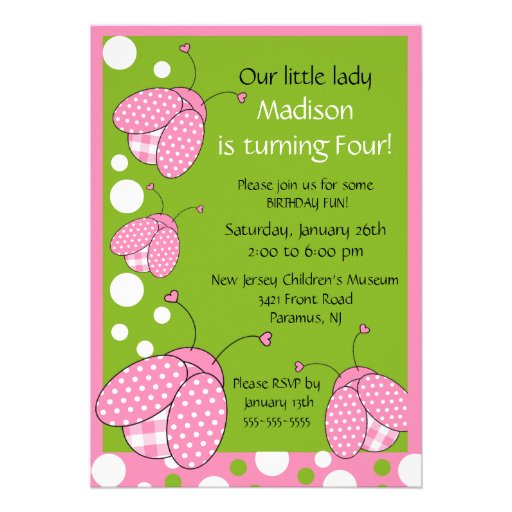 Sweet Pink Ladybug Birthday Invitation