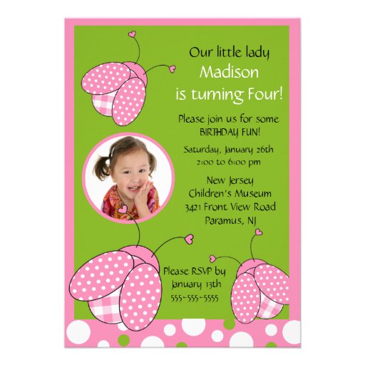 Sweet Pink Ladybug Photo Birthday Invitation