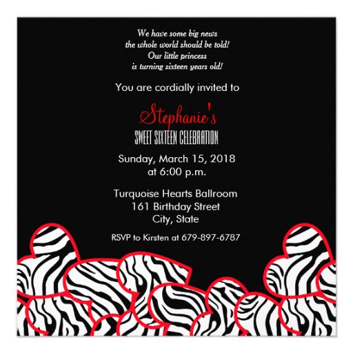 Sweet red zebra hearts Sweet 16 Party Invitation