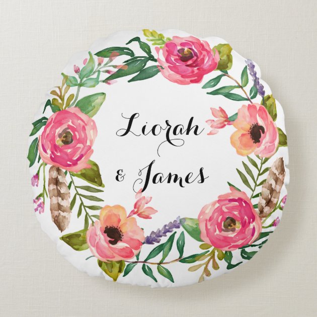 Sweet romantic watercolor flower round pillow