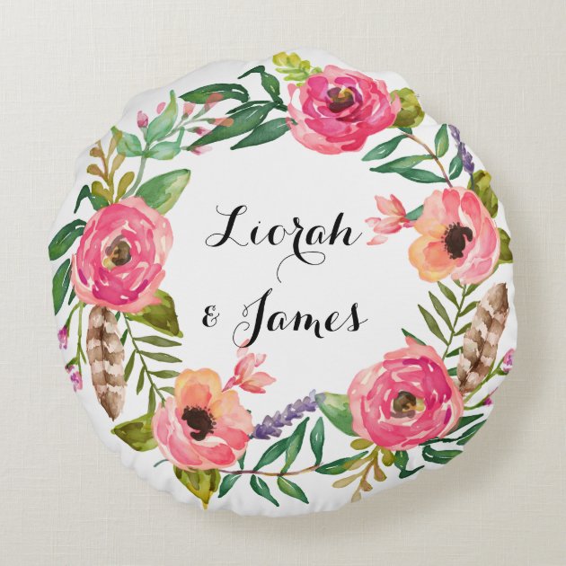 Sweet romantic watercolor flower round pillow