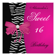 Sweet Sixteen 16 16th Bright Pink Zebra Black Bow Announcement