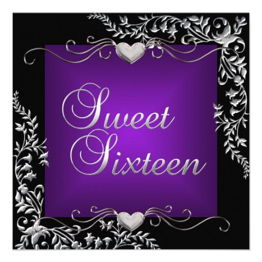 Sweet Sixteen 16 Birthday Party Black Purple Custom Announcements