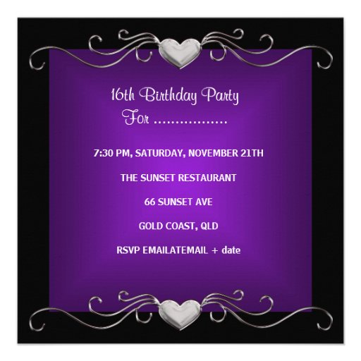 Sweet Sixteen 16 Birthday Party Black Purple Custom Announcements