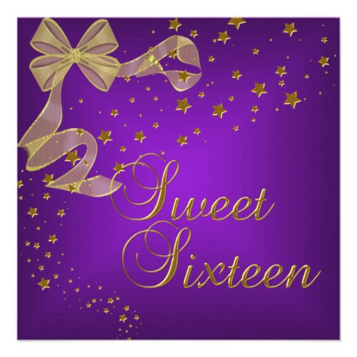 Sweet Sixteen 16 Birthday Party Gold Stars Purple Announcements