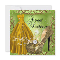 Sweet Sixteen 16  Birthday Party Lime Gold Dress Custom Invite