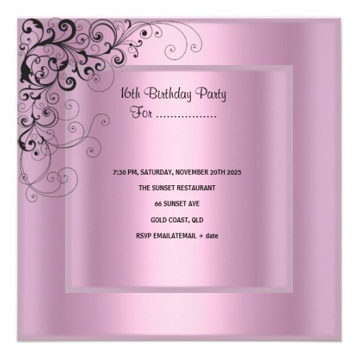 Sweet Sixteen 16 Birthday Party Pink Black Floral Custom Announcement